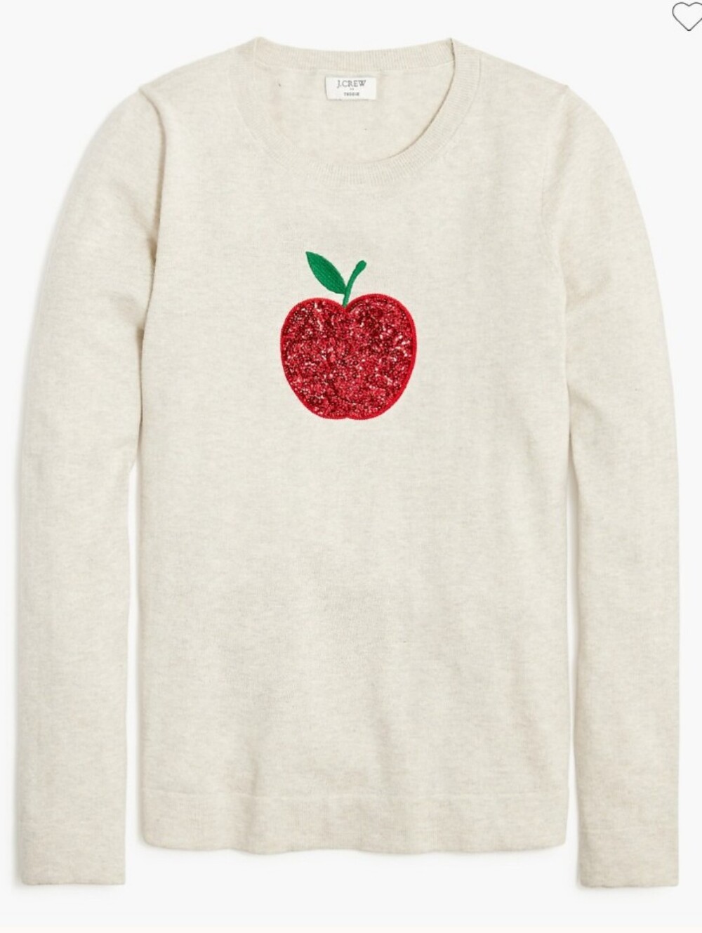 J. Crew Teddie Cotton Crewneck Sweater Red Sequin Apple Size Large EUC